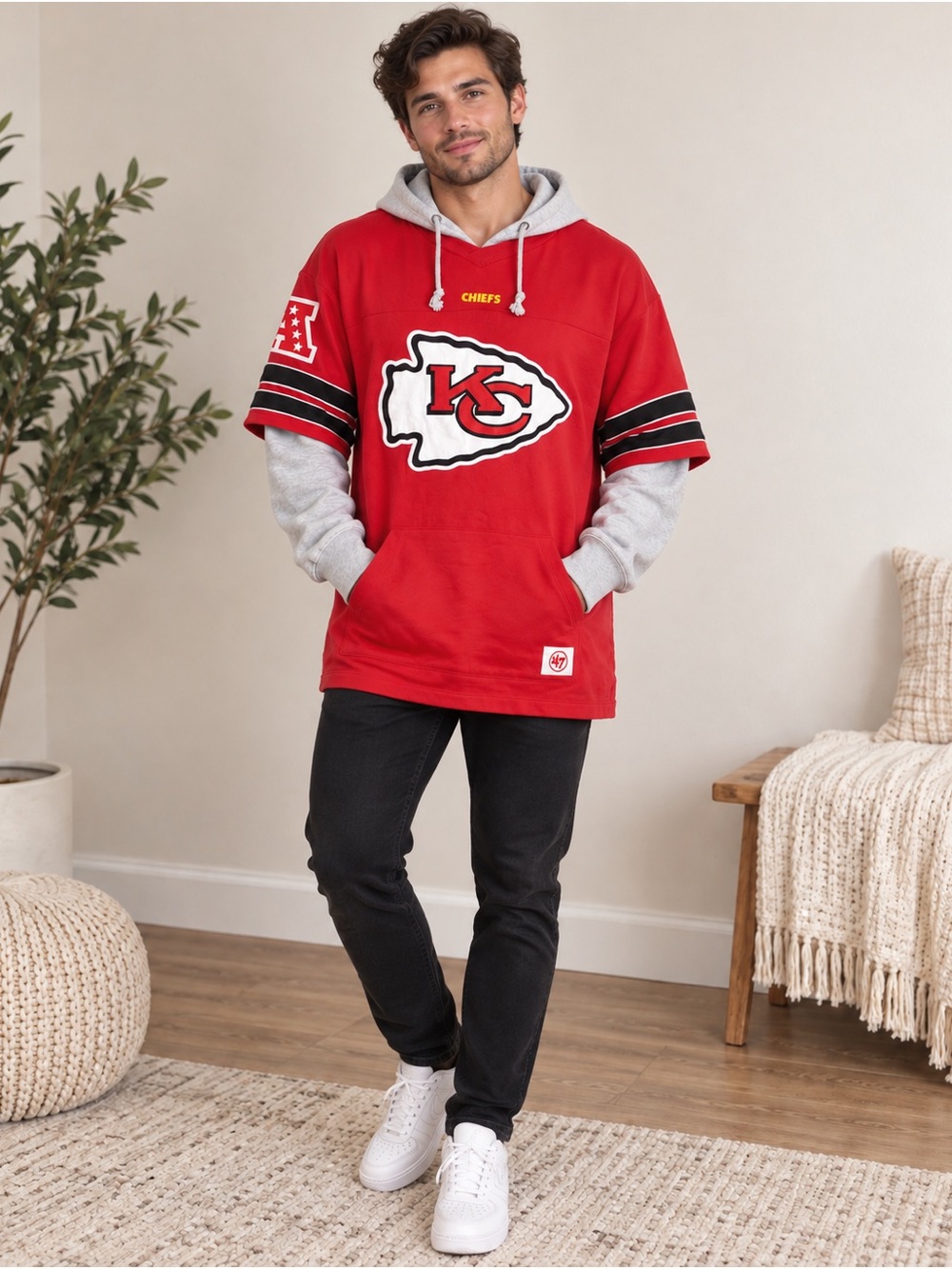47 Brand Kansas City Chiefs Hoodie Jersey Large Red Gray NFL AFC Appliqué